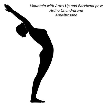 Flat black silhouette of young woman practicing yoga, doing Mountain with Arms Up and Backbend pose. Ardha Chandrasana. Anuvitasana. Vector illustration isolated on transparent background.のイラスト素材