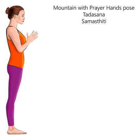 Young woman practicing yoga exercise, doing Mountain with Prayer Hands pose. Tadasana. Pranamasana. Standing and Neutral. beginner. Vector illustration isolated on white background.のイラスト素材