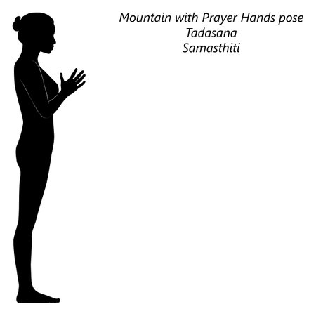 Flat black silhouette of young woman practicing yoga, doing Mountain with Prayer Hands pose. Tadasana. Pranamasana. Standing and Neutral. Vector illustration isolated on transparent background.のイラスト素材