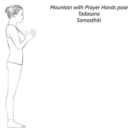 Sketch of young woman practicing yoga, doing Mountain with Prayer Hands pose. Tadasana. Pranamasana. Standing and Neutral. beginner. Vector illustration isolated on transparent background.のイラスト素材