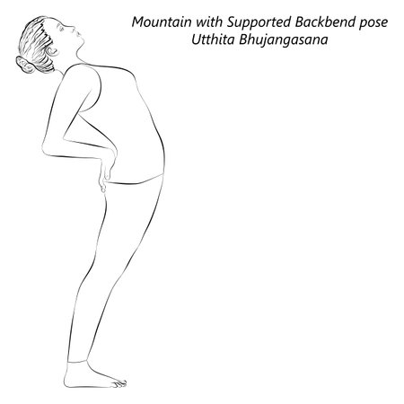 Sketch of young woman practicing yoga, doing Mountain with Supported Backbend pose or Standing Cobra pose. Utthita Bhujangasana. Vector illustration isolated on transparent background.のイラスト素材