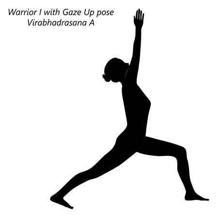 Flat black silhouette of young woman practicing yoga, doing Warrior 1 with Gaze Up pose. Virabhadrasana A. Standing and Balancing. beginner. Vector illustration isolated on transparent background.のイラスト素材