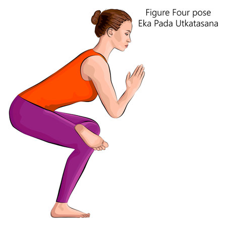 Young woman practicing yoga exercise, doing Figure Four pose or Standing Pigeon or One Legged Chair pose. Eka Pada Utkatasana. Standing and Balancing. Vector illustration isolated on white background.のイラスト素材
