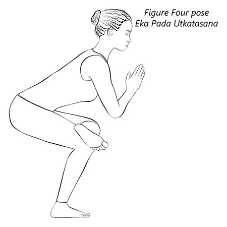 Sketch of young woman practicing yoga, doing Figure Four pose or Standing Pigeon or One Legged Chair pose. Eka Pada Utkatasana. Vector illustration isolated on transparent background.のイラスト素材