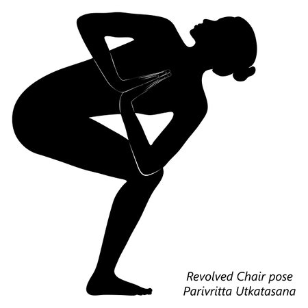 Flat black silhouette of young woman practicing yoga, doing Revolved Chair pose. Parivritta Utkatasana. Standing and Twist. Beginner. Vector illustration isolated on transparent background.のイラスト素材