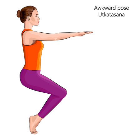 Young woman practicing yoga exercise, doing Awkward pose. Utkatasana. Standing and Balancing. Beginner. Vector illustration isolated on white background.のイラスト素材