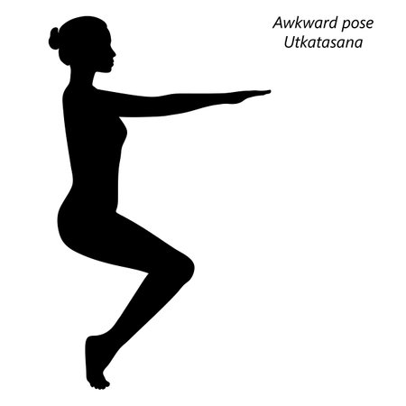 Flat black silhouette of young woman practicing yoga, doing Awkward pose. Utkatasana. Standing and Balancing. Beginner. Vector illustration isolated on transparent background.のイラスト素材