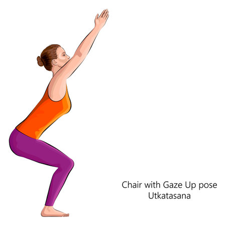 Young woman practicing yoga exercise, doing Chair with Gaze Up pose. Utkatasana. Standing and Balancing. Beginner. Vector illustration isolated on white background.のイラスト素材