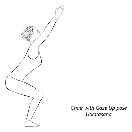 Sketch of young woman practicing yoga, doing Chair with Gaze Up pose. Utkatasana. Standing and Balancing. Beginner. Vector illustration isolated on transparent background.のイラスト素材