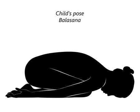 Black silhouette of young woman practicing yoga, doing Child pose. Balasana. Prone and Forward Bend. beginner. Isolated vector illustration.のイラスト素材
