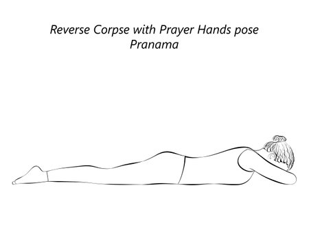 Sketch of young woman practicing yoga, doing Reverse Corpse with Prayer Hands pose. pranama. Prone and Neutral. beginner. Isolated vector illustration.のイラスト素材