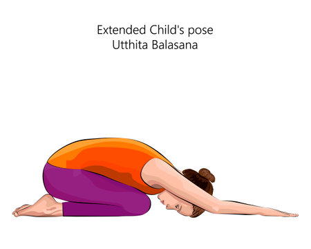 Young woman practicing yoga exercise, doing Extended Child pose. Utthita Balasana. Prone and Forward Bend. beginner. Isolated vector illustration.のイラスト素材
