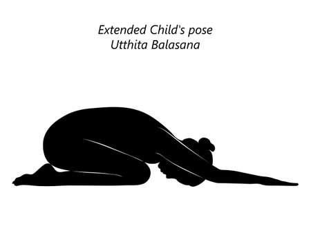 Black silhouette of young woman practicing yoga, doing Extended Child pose. Utthita Balasana. Prone and Forward Bend. beginner. Isolated vector illustration.のイラスト素材