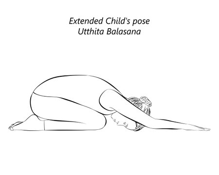Sketch of young woman practicing yoga, doing Extended Child pose. Utthita Balasana. Prone and Forward Bend. beginner. Isolated vector illustration.のイラスト素材
