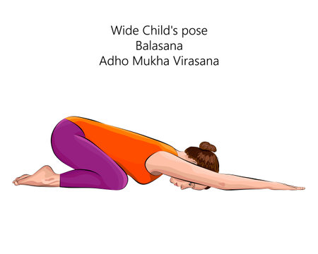 Young woman practicing yoga exercise, doing Wide Child pose. Downward Facing Hero or Forward Facing Hero pose. Balasana. Adho Mukha Virasana. Prone and Forward Bend. Isolated vector illustration.のイラスト素材