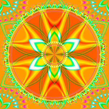 Symmetrical abstract fractal pattern. Floral decoration. magic mandala. fractal background. fractal wallpaper. Relaxation fractal pattern. Vector illustration isolated on orange background.のイラスト素材