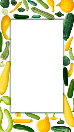 Vertical banner with different types of summer squash. Cucurbita. Cucurbitaceae. fruits and vegetables. Isolated vector illustration. template.のイラスト素材