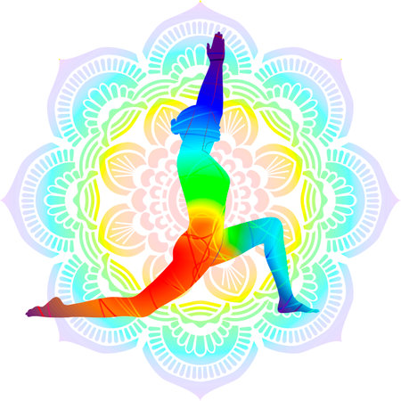 Flat black silhouette of young woman practicing yoga, doing Crescent Lunge on the Knee or Low Lunge pose or Anjaneyasana. Vector illustration isolated on transparent background.のイラスト素材