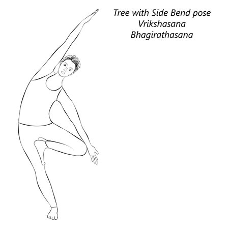 Sketch of young woman doing yoga Vrikshasana or Bhagirathasana. Tree with Side Bend or Bending Tree pose. Isolated vector illustration.のイラスト素材