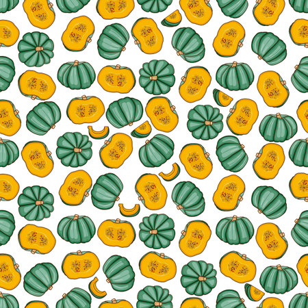 Seamless pattern with Blue pumpkin. Winter squash. Cucurbita maxima. Vegetables. Cartoon style. Isolated vector illustration.のイラスト素材
