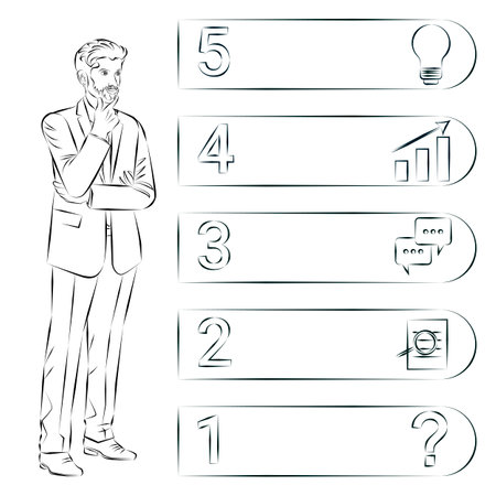 A man uses 5 steps to identify a problem or opportunity in the decision-making process. Business concept. Sketch. Vector illustration.のイラスト素材