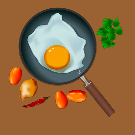 cooking fried eggs with tomatoes, peppers and parsley in a pan, vector illustrationのイラスト素材