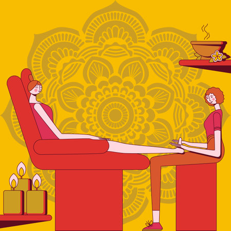 Techniques for giving feet massage by professional therapist in spa. Design concept. Isolated flat vector illustration.のイラスト素材