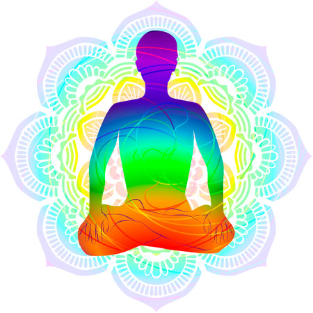 Colorful silhouette of woman practicing Padmasana yoga pose.Lotus pose. Intermediate Difficulty. Isolated vector illustrationのイラスト素材