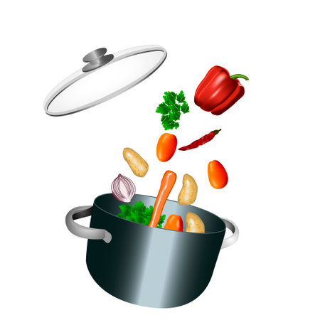 Cooking vegetable soup with potatoes, tomatoes, carrots, paprika, hot pepper, parsley in saucepan. Isolated vector illustration.のイラスト素材
