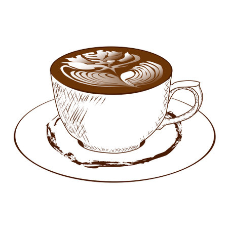 white cup of cappuccino with chocolate and the pattern of milk vector illustration, sketchのイラスト素材