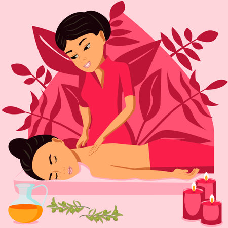 Traditional wellness back and neck massage with professional massage therapy in spa. Eastern nationality. Isolated flat vector illustration.のイラスト素材