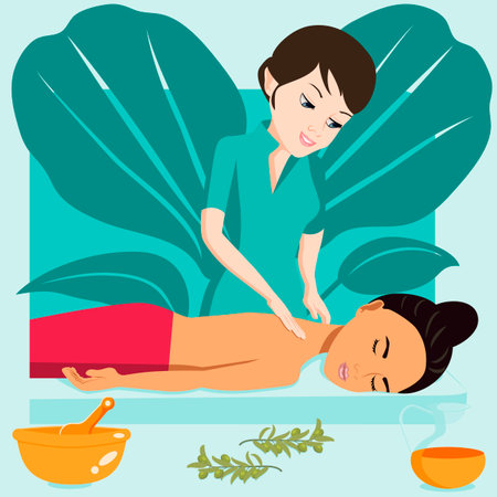 Swedish massage with professional massage therapy in spa. European and Eastern ethnicity. Isolated flat vector illustration.のイラスト素材