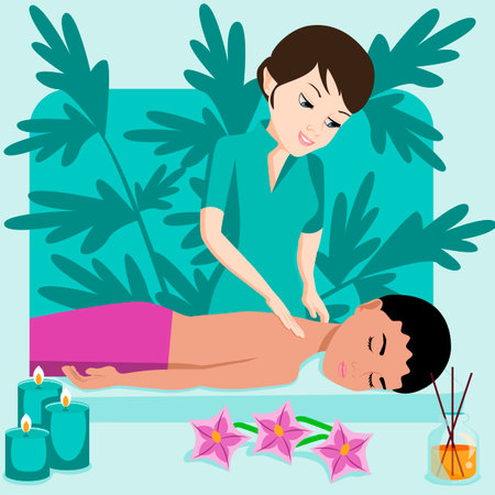 Swedish massage with professional massage therapy in spa. European and Indian ethnicity. Isolated flat vector illustration.のイラスト素材
