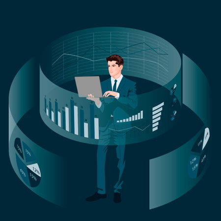 Man researching information from reports and surveys. Business concept. Flat vector illustration.のイラスト素材