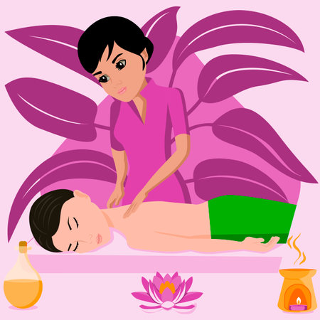 Swedish massage with professional massage therapist in spa. Indian and Asian ethnicity. Isolated flat vector illustration.のイラスト素材