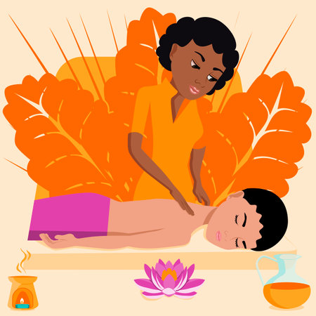 Swedish massage with professional massage therapist in spa. African and Indian ethnicity. Isolated flat vector illustration.のイラスト素材