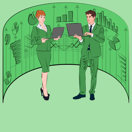 Man and woman researching information from reports and surveys. Business concept. Outline vector illustration.のイラスト素材