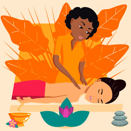 Swedish massage with professional massage therapist in spa. African and Middle Eastern ethnicity. Isolated flat vector illustration.のイラスト素材