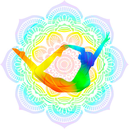 Colorful silhouette of woman practicing Ardha Dhanurasana or Kamalasana yoga pose. Half Bow pose. Intermediate Difficulty. Isolated vector illustrationのイラスト素材