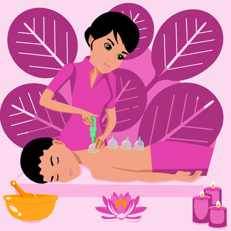 Massage vacuum cups. Treatments by professional therapist in spa. Vacuum therapy. Cup massage. Isolated flat vector illustration. Indian ethnicity.のイラスト素材