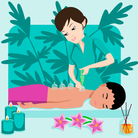 Cup massage. Treatments by professional therapist in spa. Vacuum therapy. Isolated flat vector illustration. European and Indian ethnicity.のイラスト素材