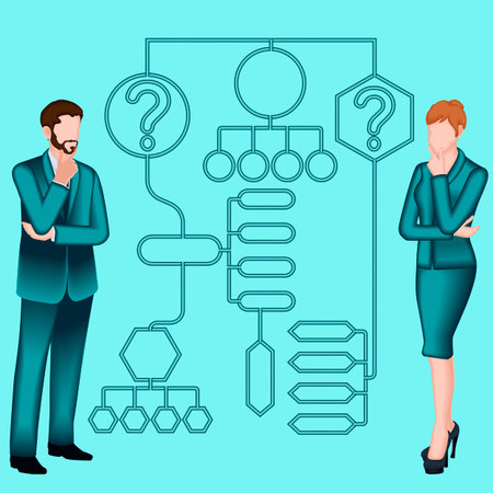 Man and woman identify problems or opportunities in the decision-making process. Business concept. 2D vector illustration.のイラスト素材