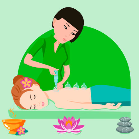 Cup massage. Treatments by professional therapist in spa. Vacuum therapy. Isolated flat vector illustration. Asian and European ethnicity.のイラスト素材