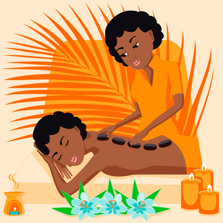 Hot Stone Massage. Therapy and treatment by professional therapist in SPA. Isolated flat vector illustration. African ethnicity.のイラスト素材