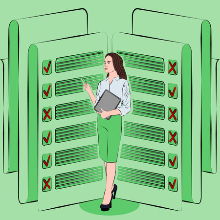 A woman studies survey results to identify and understand problems in the decision-making process. Business concept. Outline vector illustration.のイラスト素材