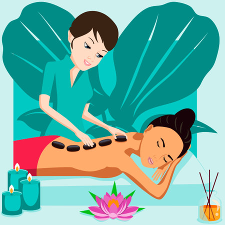 Hot Stone Massage. Therapy and treatment by professional therapist in SPA. Isolated flat vector illustration. European and Eastern ethnicity.のイラスト素材