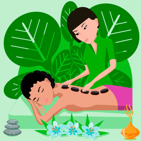 Hot Stone Massage. Therapy and treatment by professional therapist in SPA. Isolated flat vector illustration. Asian and Indian ethnicity.のイラスト素材