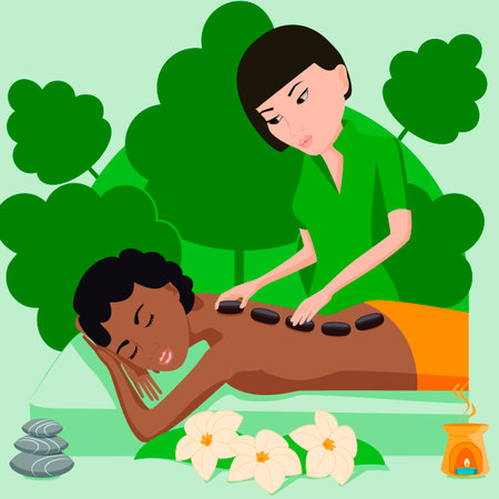 Hot Stone Massage. Therapy and treatment by professional therapist in SPA. Isolated flat vector illustration. Asian and African ethnicity.のイラスト素材