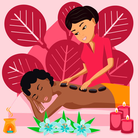 Hot Stone Massage. Therapy and treatment by professional therapist in SPA. Isolated flat vector illustration. Eastern and African ethnicity.のイラスト素材