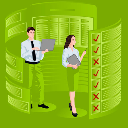 Man and woman study the survey results to identify and understand problems in the decision-making process. Business concept. Flat vector illustration.のイラスト素材
